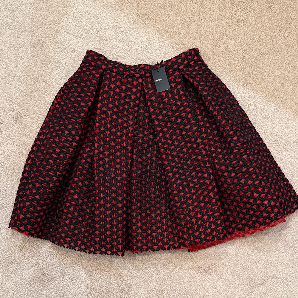 Maje Black and Red Patterned A-Line Skirt